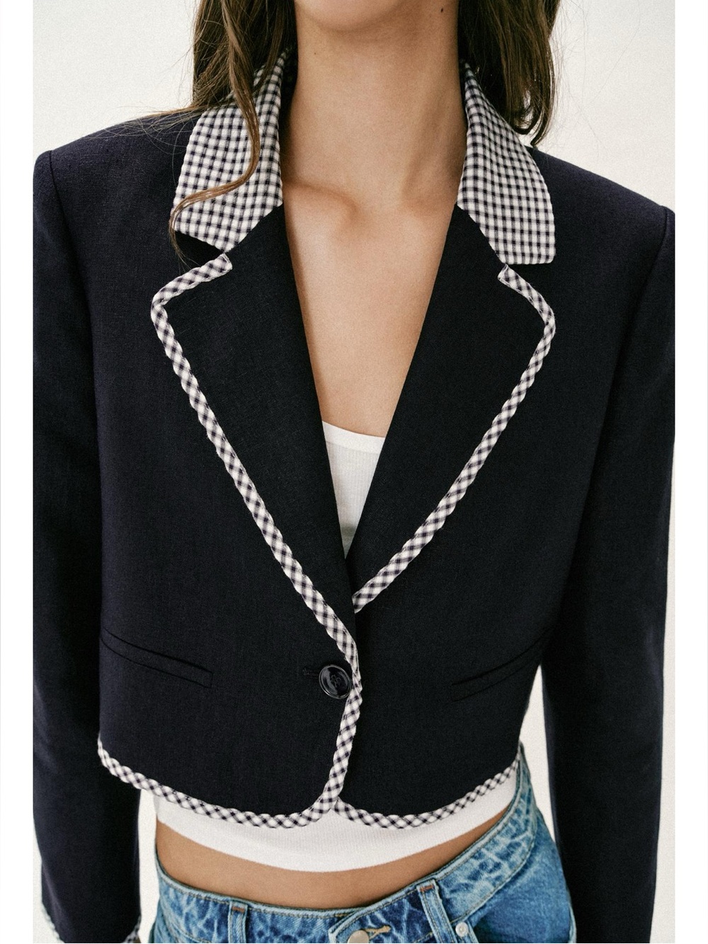 ZARA linen blend blazer with gingham print details